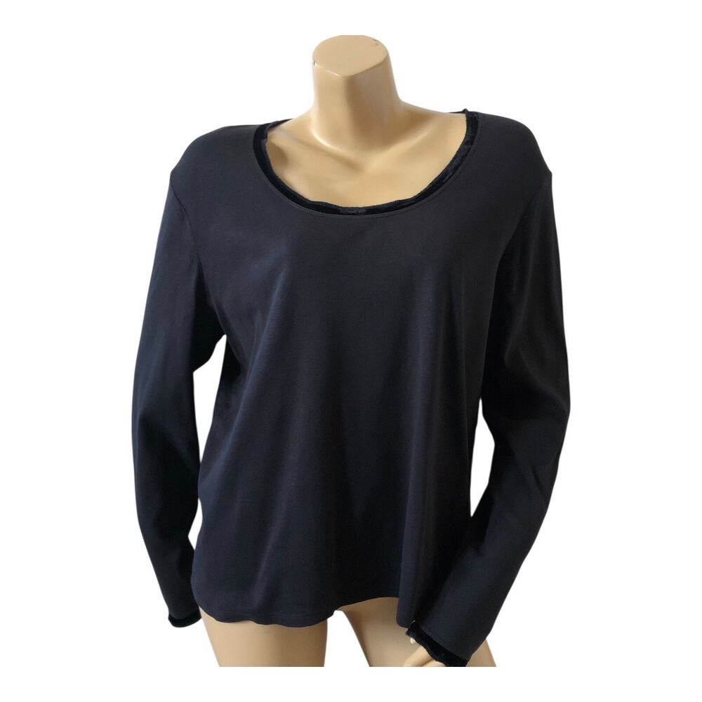 J JILL Womens Size Large Black Long Sleeve Scoop Neck Velvet Trim Tee T Shirt